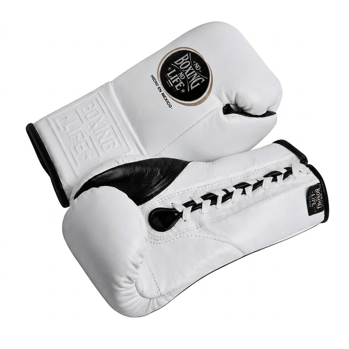 No Boxing No Life lace-up boxing gloves with white back, black palm and black laces