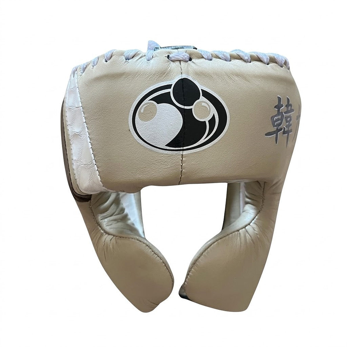 Grant boxing set in cream beige with lace-up gloves and matching headgear with round Grant logo - palm and closure detail