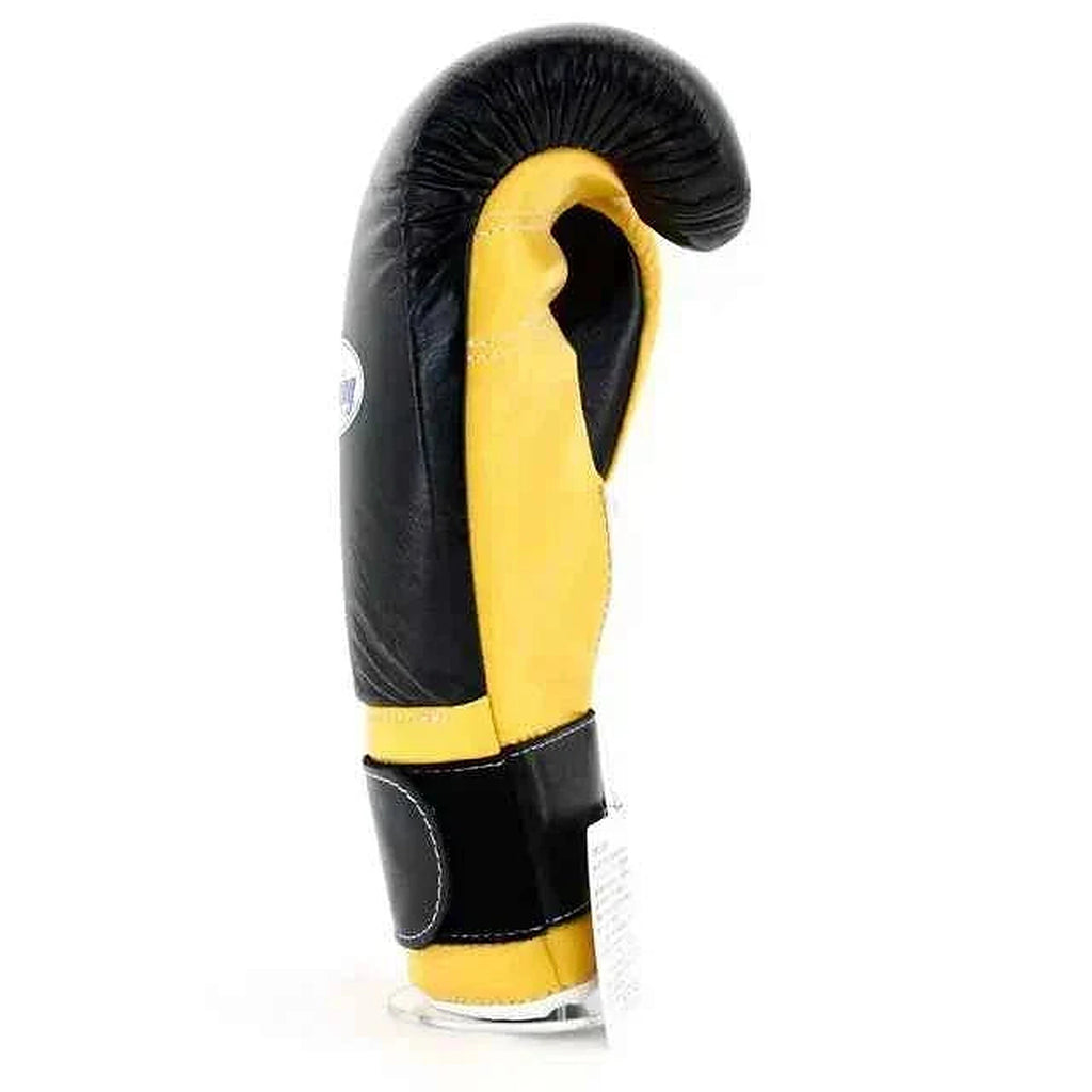 Winning MS-600-B Velcro boxing glove with black back, yellow palm and black and yellow wrist strap - palm and closure detail