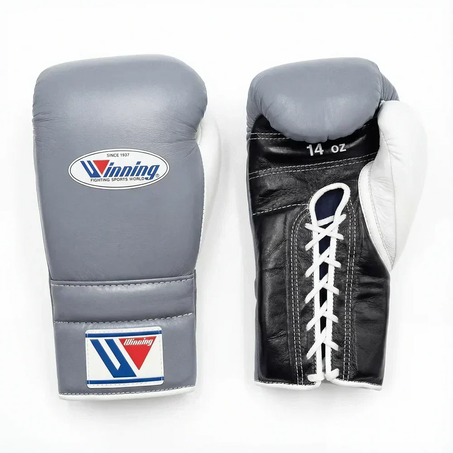 Winning MS-500 boxing gloves with light gray back and black palm, lace-up wrist and W logo