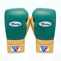 Winning emerald green boxing gloves with metallic gold cuff, gold thumb and lace-up closure