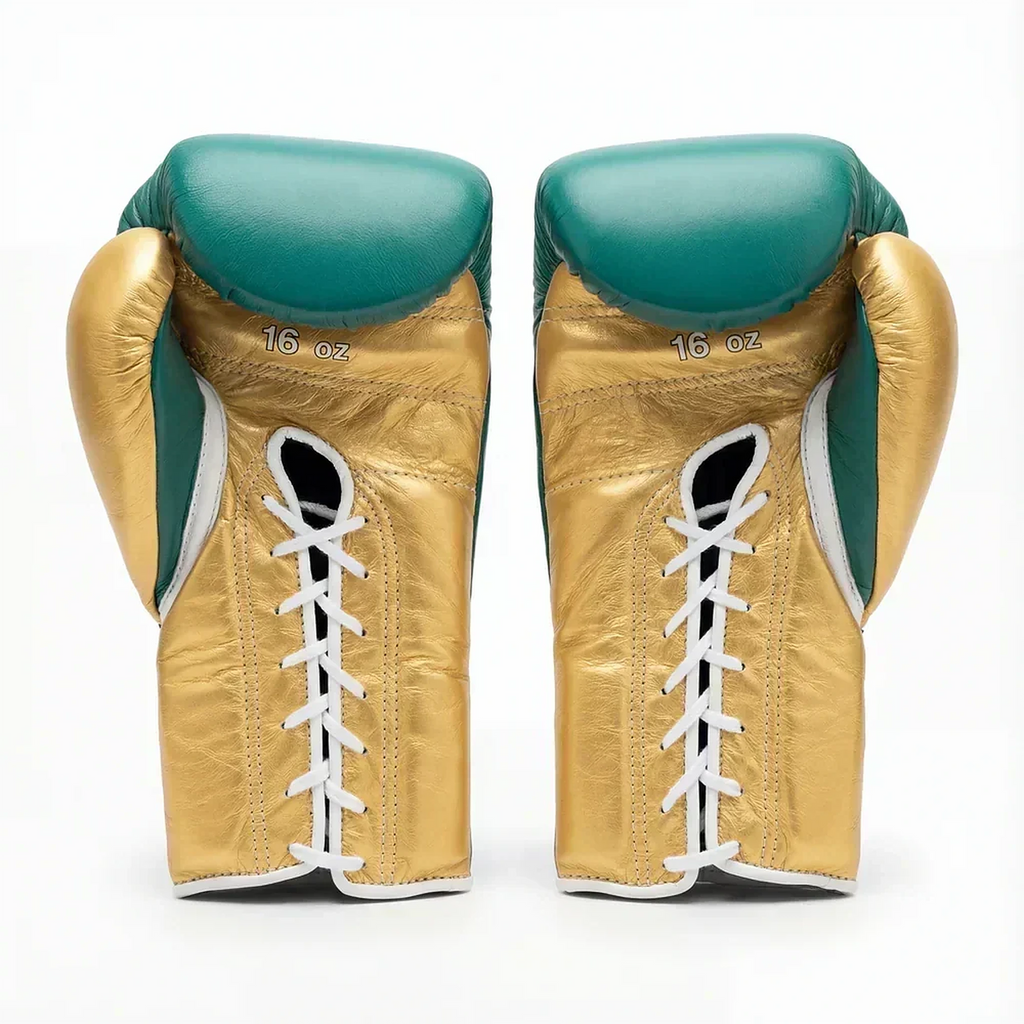 Winning emerald green boxing gloves with metallic gold cuff, gold thumb and lace-up closure - palm and closure detail