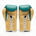 Winning emerald green boxing gloves with metallic gold cuff, gold thumb and lace-up closure - palm and closure detail