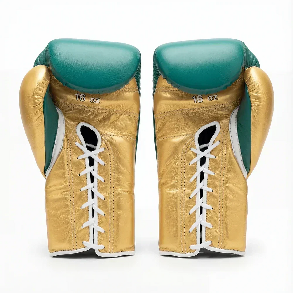 Winning emerald green boxing gloves with metallic gold cuff, gold thumb and lace-up closure - palm and closure detail
