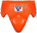 Winning groin guard in bright solid orange all over, front view showing the wide waistband and cup