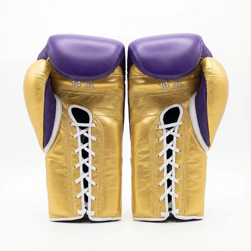 Winning lace-up boxing glove in purple leather with a gold cuff at the wrist - palm and closure detail