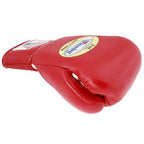 Winning lace-up boxing gloves in solid red leather with white laces and the W triangle logo on the cuff - side view