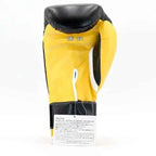 Winning MS-600-B Velcro boxing glove with black back, yellow palm and black-yellow wrist strap - close-up of logo and cuff
