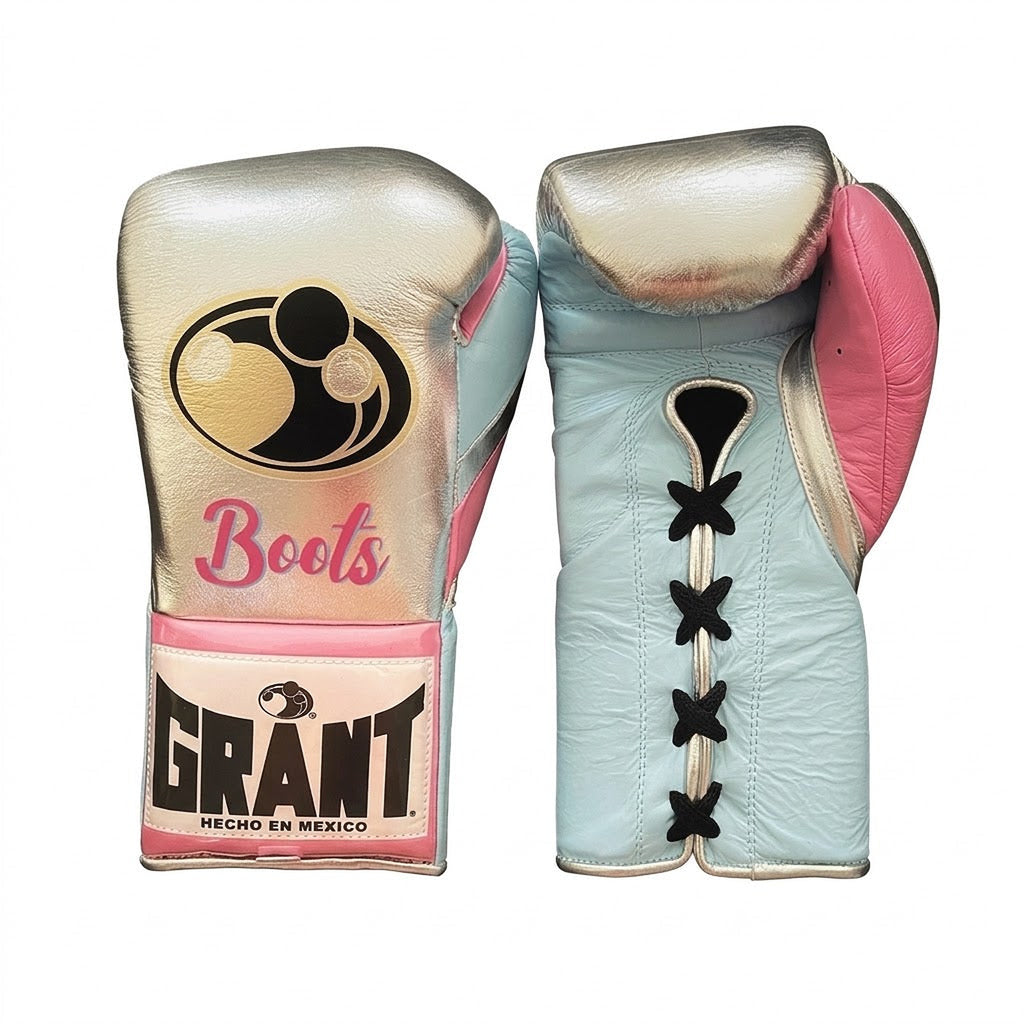 Grant metallic silver lace-up boxing gloves and headgear with pink and light blue accents, plus groin guard - side view