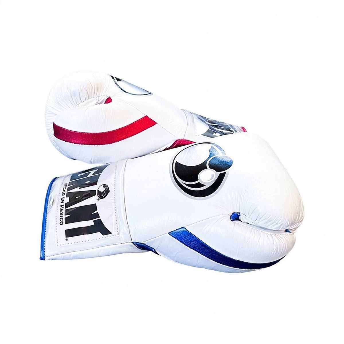 Grant all-white lace-up boxing gloves with a red inner thumb and blue cuff trim - side view