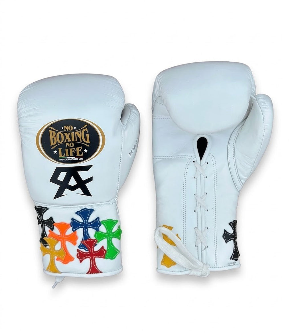 No Boxing No Life white lace-up boxing gloves with multicolor cross patches and black monogram on cuff - alternate angle