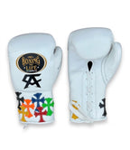 No Boxing No Life white lace-up boxing gloves with multicolor cross patches and black monogram on cuff - alternate angle