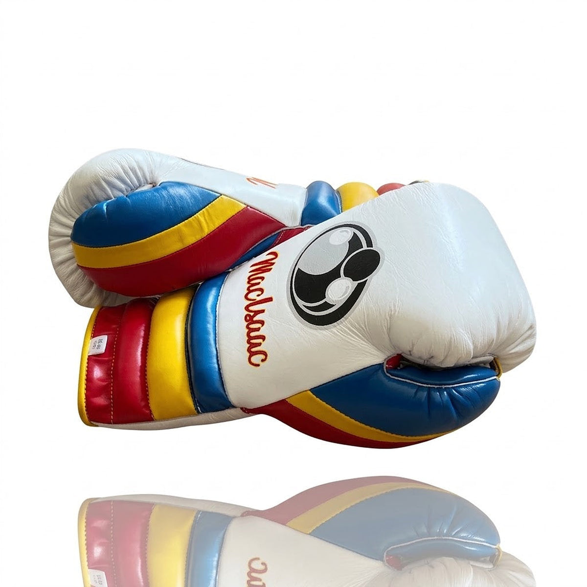 Grant cream white lace-up gloves, headgear and groin guard, rainbow striped cuffs and sample name - palm and closure detail