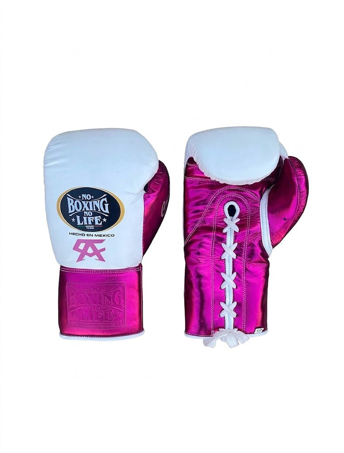 No Boxing No Life lace-up boxing gloves with white back and metallic fuchsia pink palm and cuff