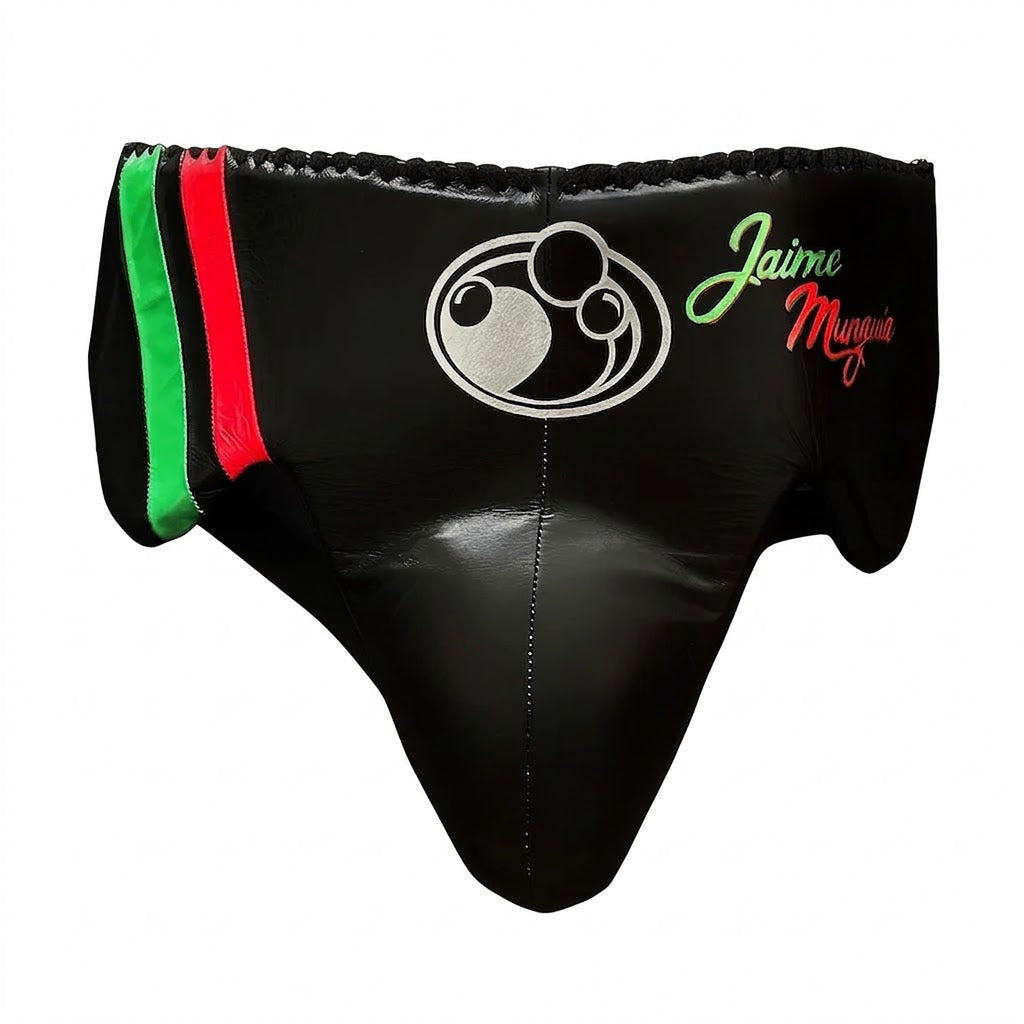 Grant black lace-up gloves, headgear and groin guard with green and red tricolor trim - palm and closure detail