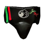 Grant black lace-up gloves, headgear and groin guard with green and red tricolor trim - palm and closure detail