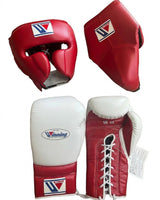 Winning Red Headgear & Groin Guard Set with White-Red Gloves