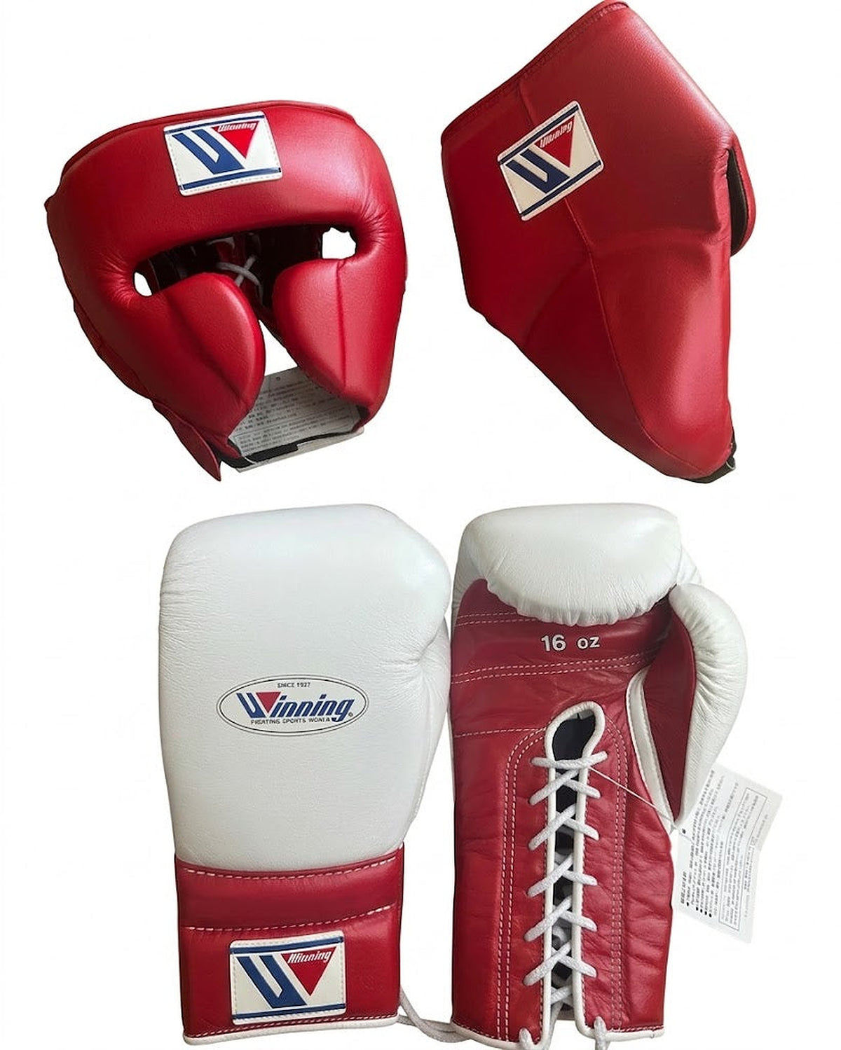 Winning red headgear and groin guard with white and red lace-up gloves showing W triangle logo