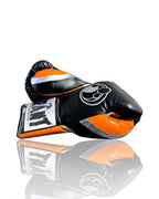 Grant boxing gloves with black back, bright high-visibility orange palm and black laces, lace-up style - alternate angle