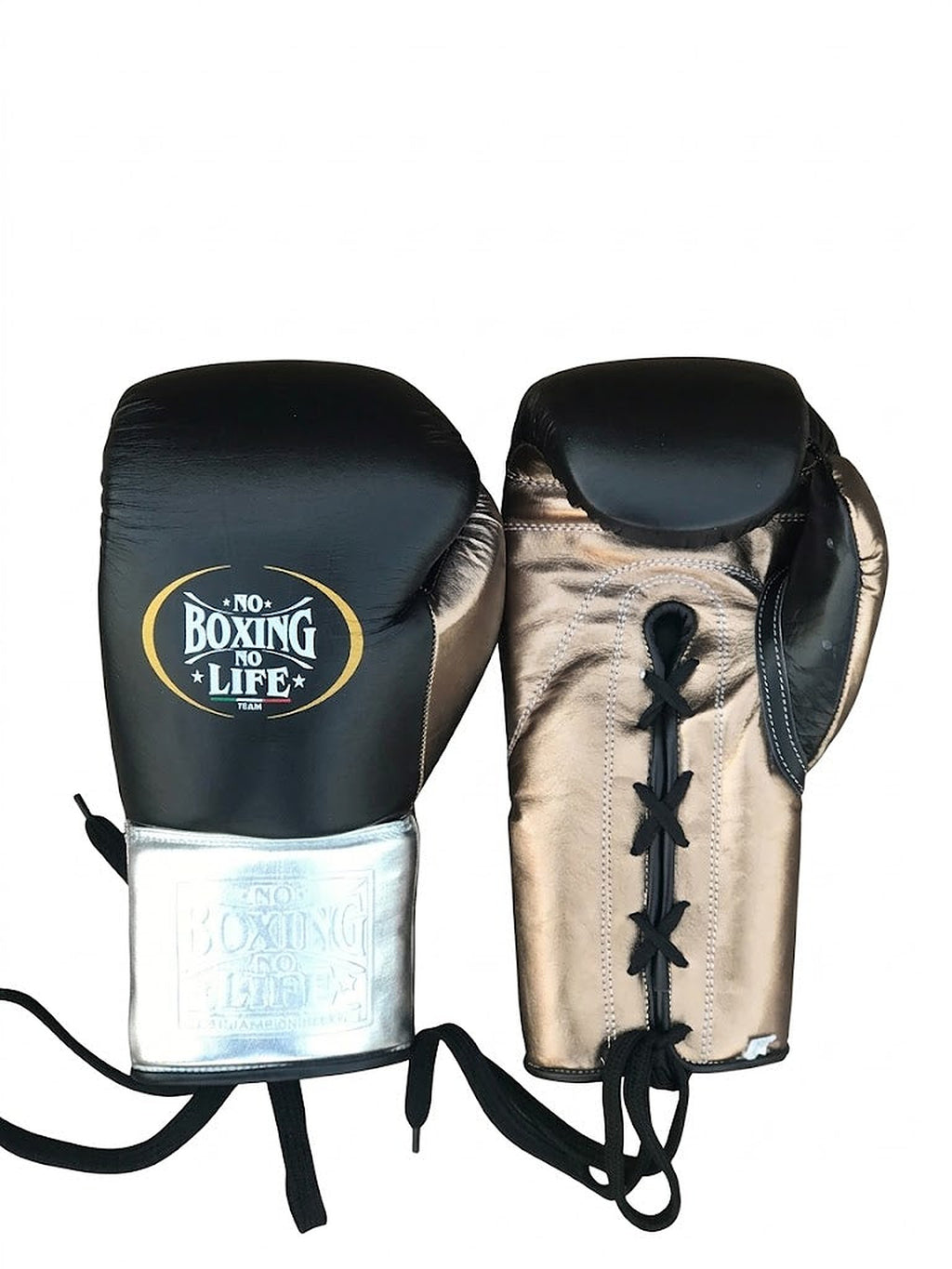 No Boxing No Life lace-up boxing gloves with black back and metallic silver palm and cuff - palm and closure detail