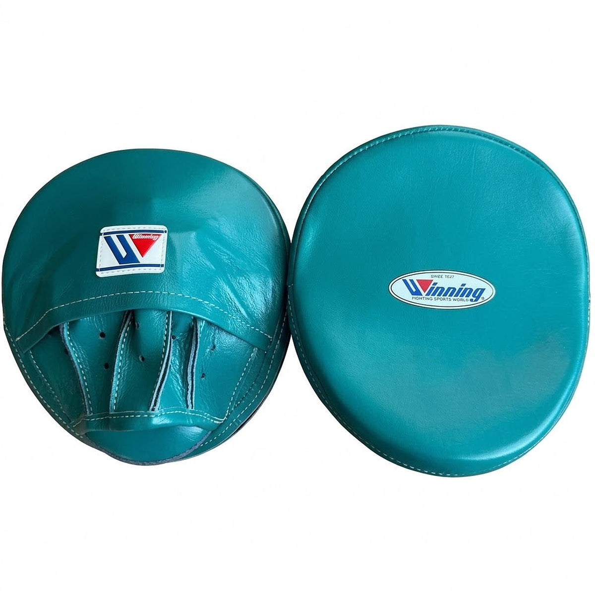 Winning teal curved focus mitts in solid blue-green, shown together as a left and right pair