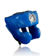 Grant royal blue lace-up boxing gloves with matching solid blue headgear, groin guard and logo - palm and closure detail