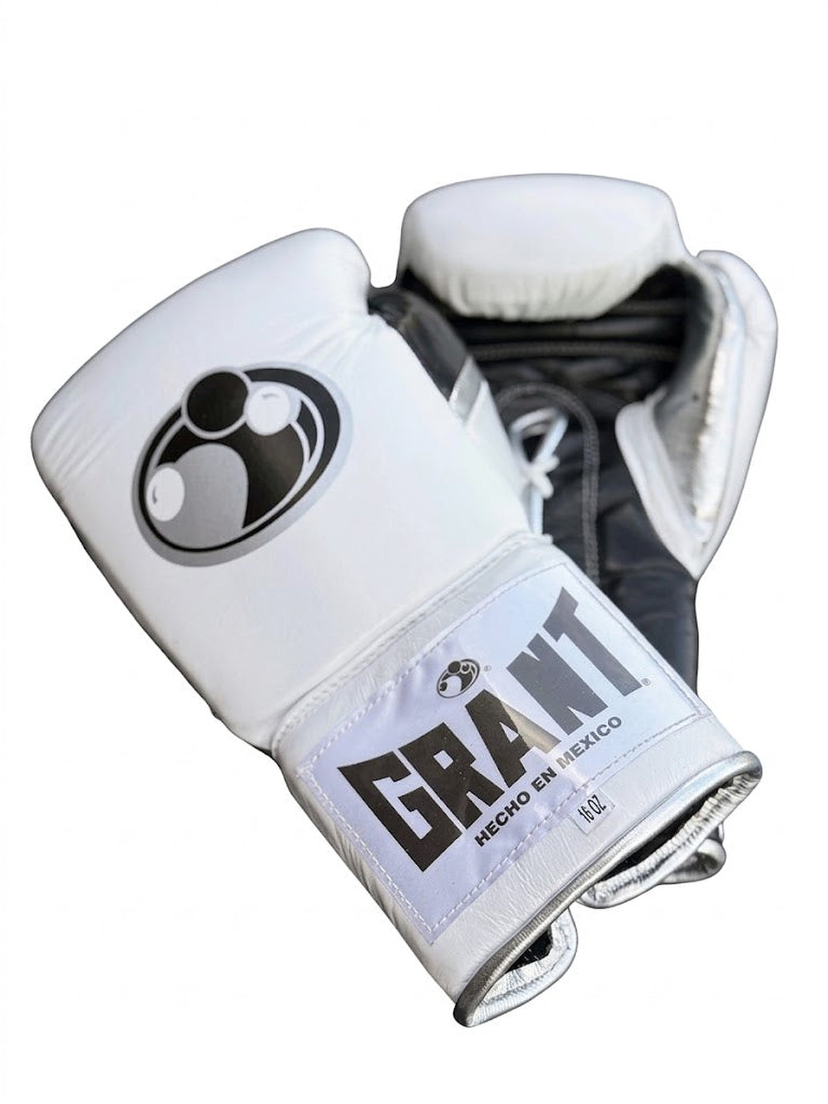 Grant boxing gloves with white back, black palm and white laces, classic two-tone lace-up design - alternate angle