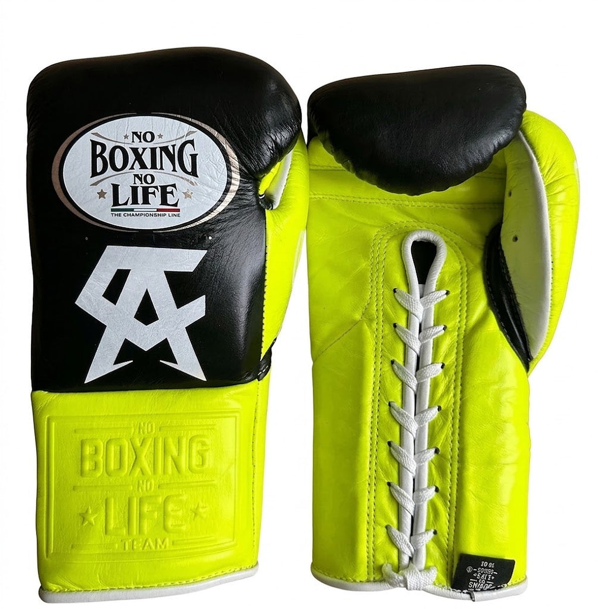 No Boxing No Life black lace-up boxing gloves with neon yellow palm and cuff and white monogram