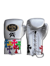 No Boxing No Life White and Silver Cross-Patch Boxing Gloves