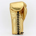 No Boxing No Life lace-up boxing gloves in full high-shine metallic gold from knuckles to cuff - side view