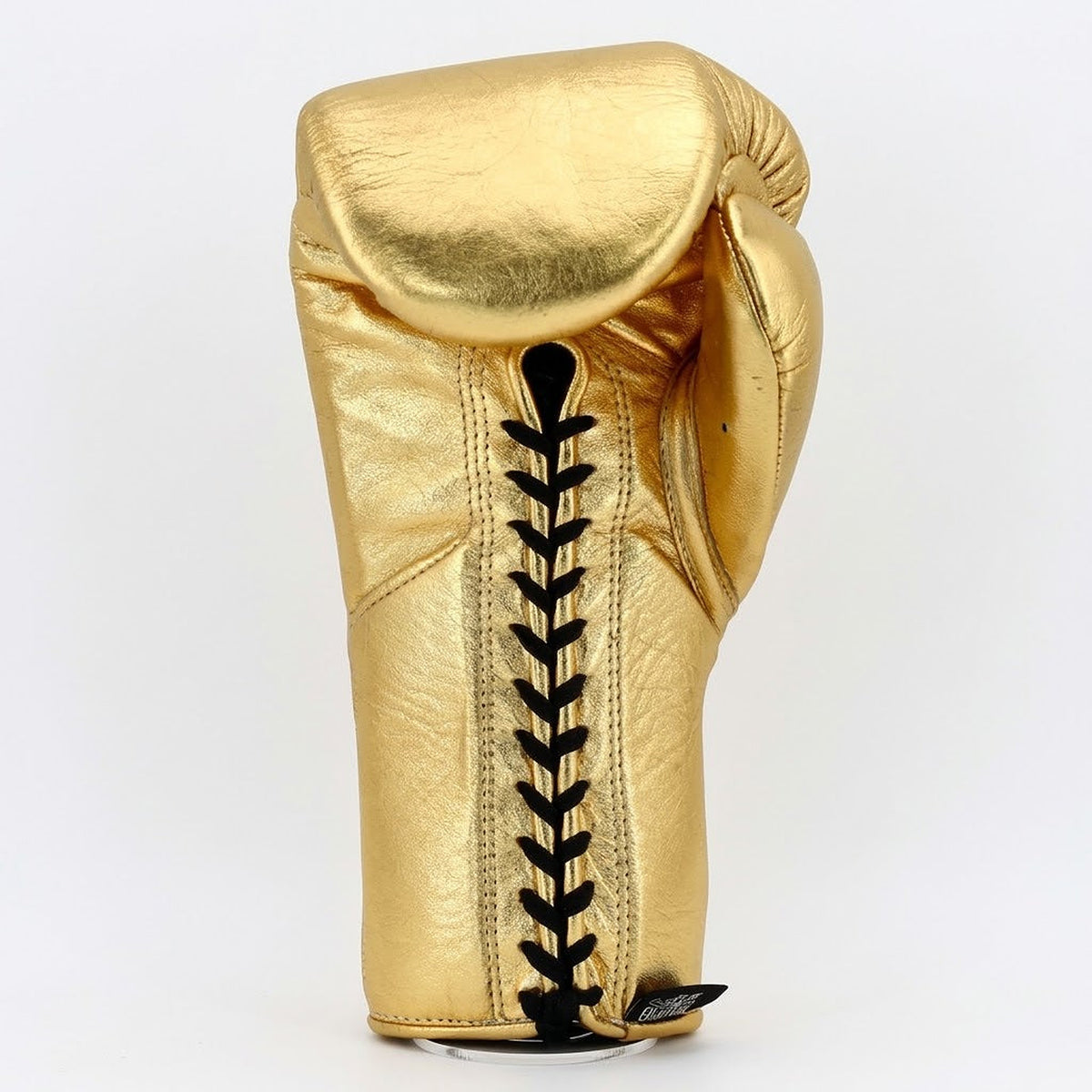 No Boxing No Life lace-up boxing gloves in full high-shine metallic gold from knuckles to cuff - side view