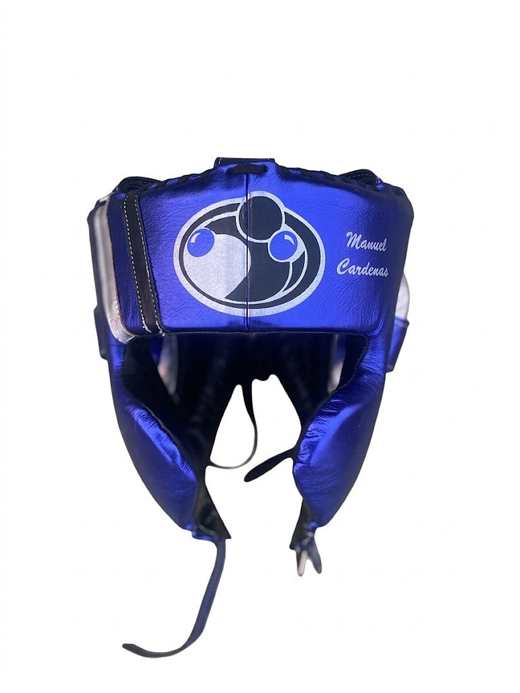 Grant metallic royal blue lace-up gloves, headgear and groin guard set with a sample name print - palm and closure detail