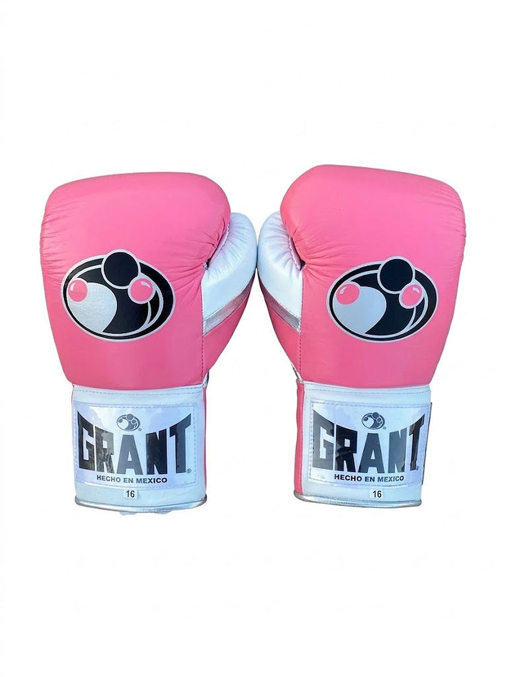 Grant pink lace-up boxing gloves with white palm and matching pink laces down the center - side view