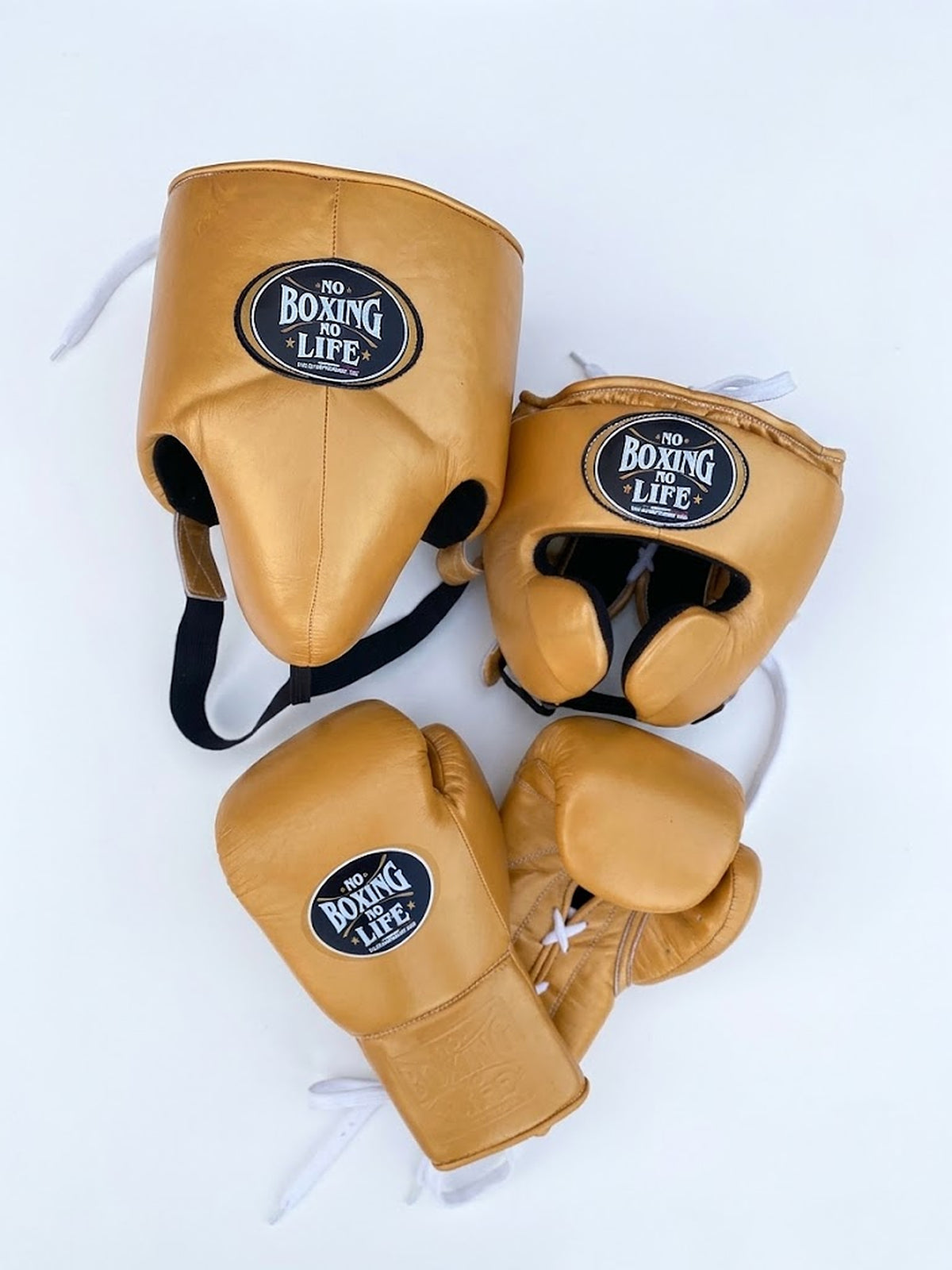 No Boxing No Life caramel tan boxing set with lace-up gloves, headgear and groin guard in one solid color
