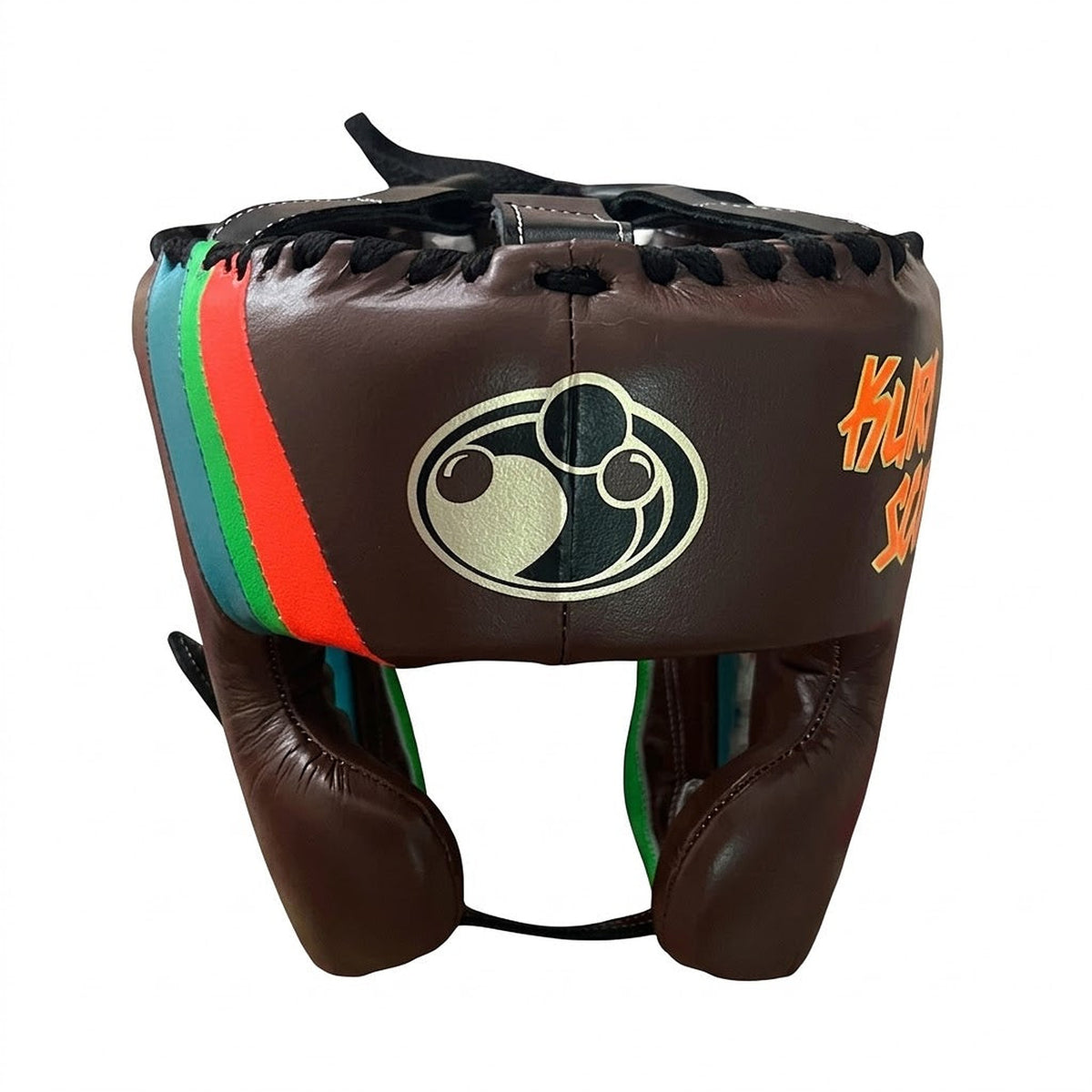 Grant brown lace-up gloves, headgear and groin guard with orange, green and red striped cuffs - palm and closure detail
