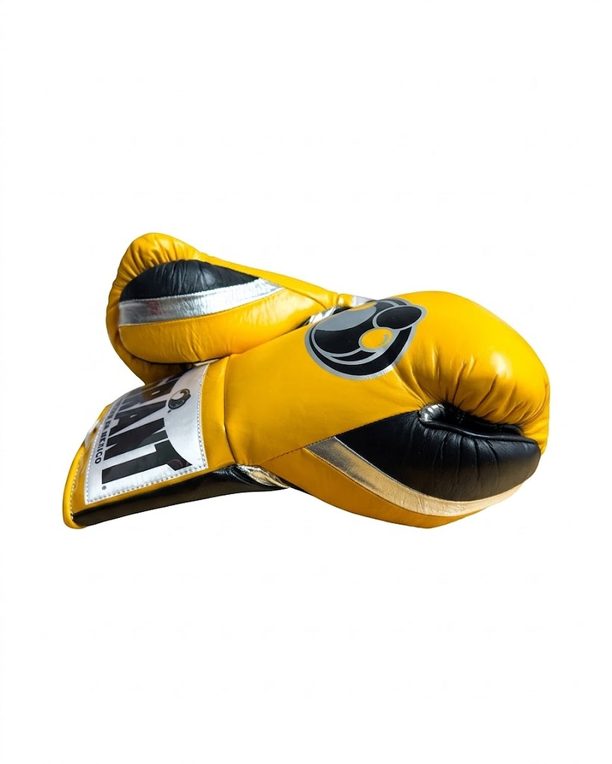 Grant lace-up boxing gloves with a bright yellow back, black palm and gold laces through the cuff - side view