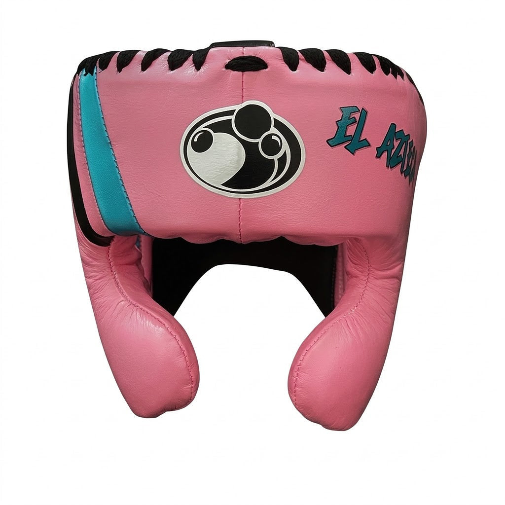 Grant pink lace-up boxing gloves with black palms and aqua trim, plus pink headgear and groin guard - palm and closure detail