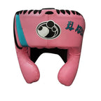 Grant pink lace-up boxing gloves with black palms and aqua trim, plus pink headgear and groin guard - palm and closure detail