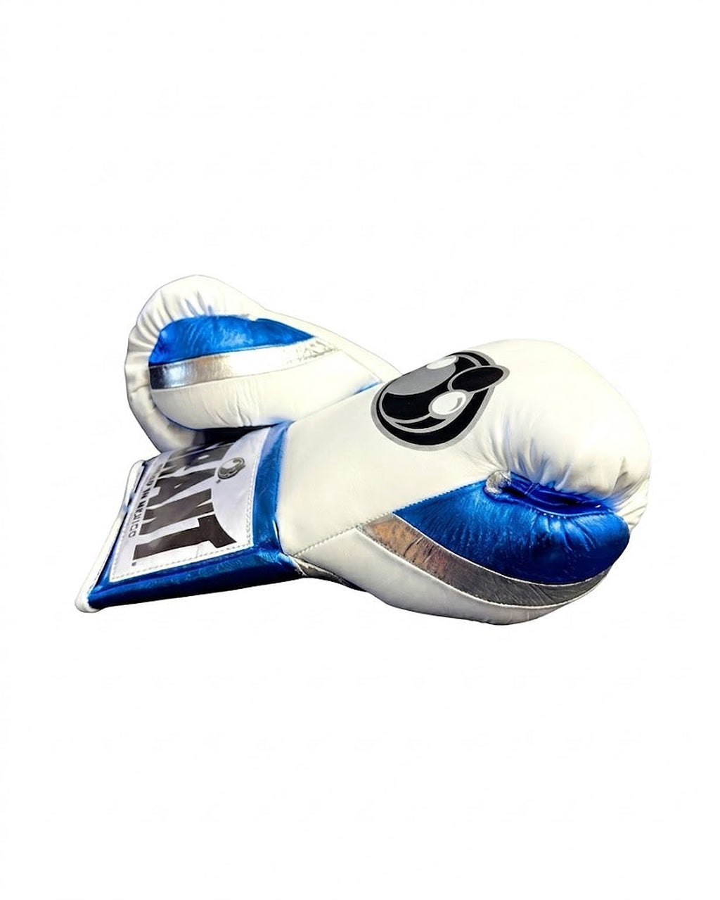 Grant boxing gloves with white back, shiny metallic blue palm and white laces in lace-up fight style - alternate angle