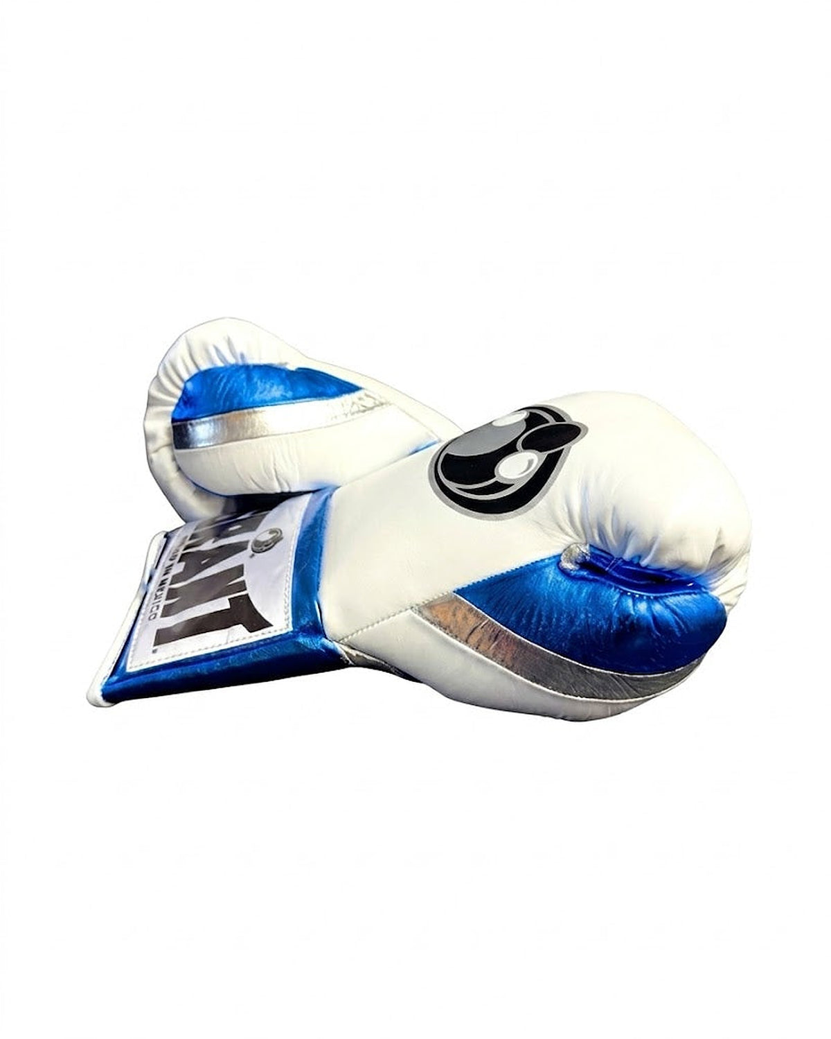 Grant boxing gloves with white back, shiny metallic blue palm and white laces in lace-up fight style - alternate angle