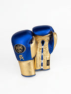 No Boxing No Life lace-up gloves with metallic royal blue back, gold palm and gold cuff