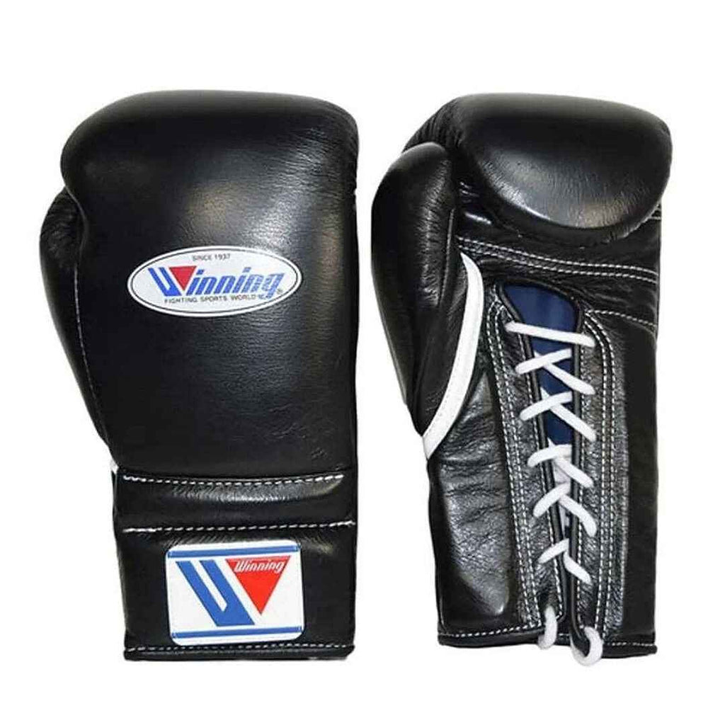 Winning MS-600 black boxing gloves with white laces and red, white and blue W logo on the cuff