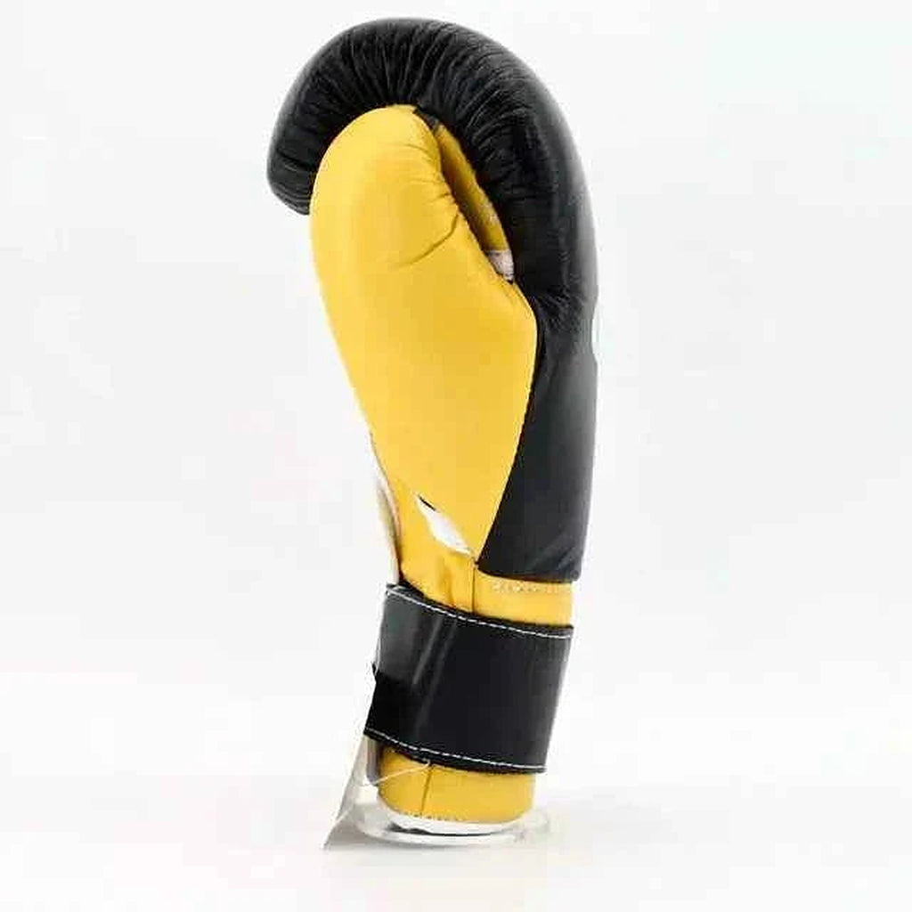 Winning MS-600-B Velcro boxing glove with black back, yellow palm and black and yellow wrist strap - alternate angle